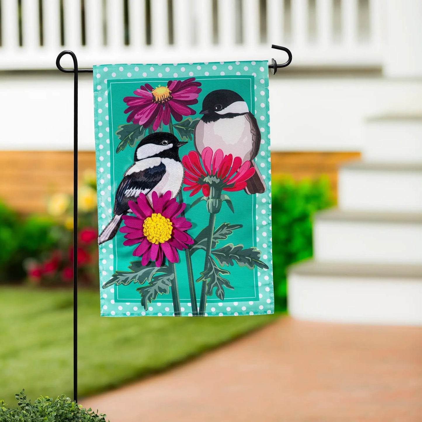 Chickadee Friends Applique Garden Flag turquoise with two chickadees Evergreen Enterprises on Tampa Home & Garden Store