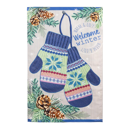 Winter Mittens Applique House Flag with blue mittens and pinecone accents among evergreens on Tampa Home & Garden Store
