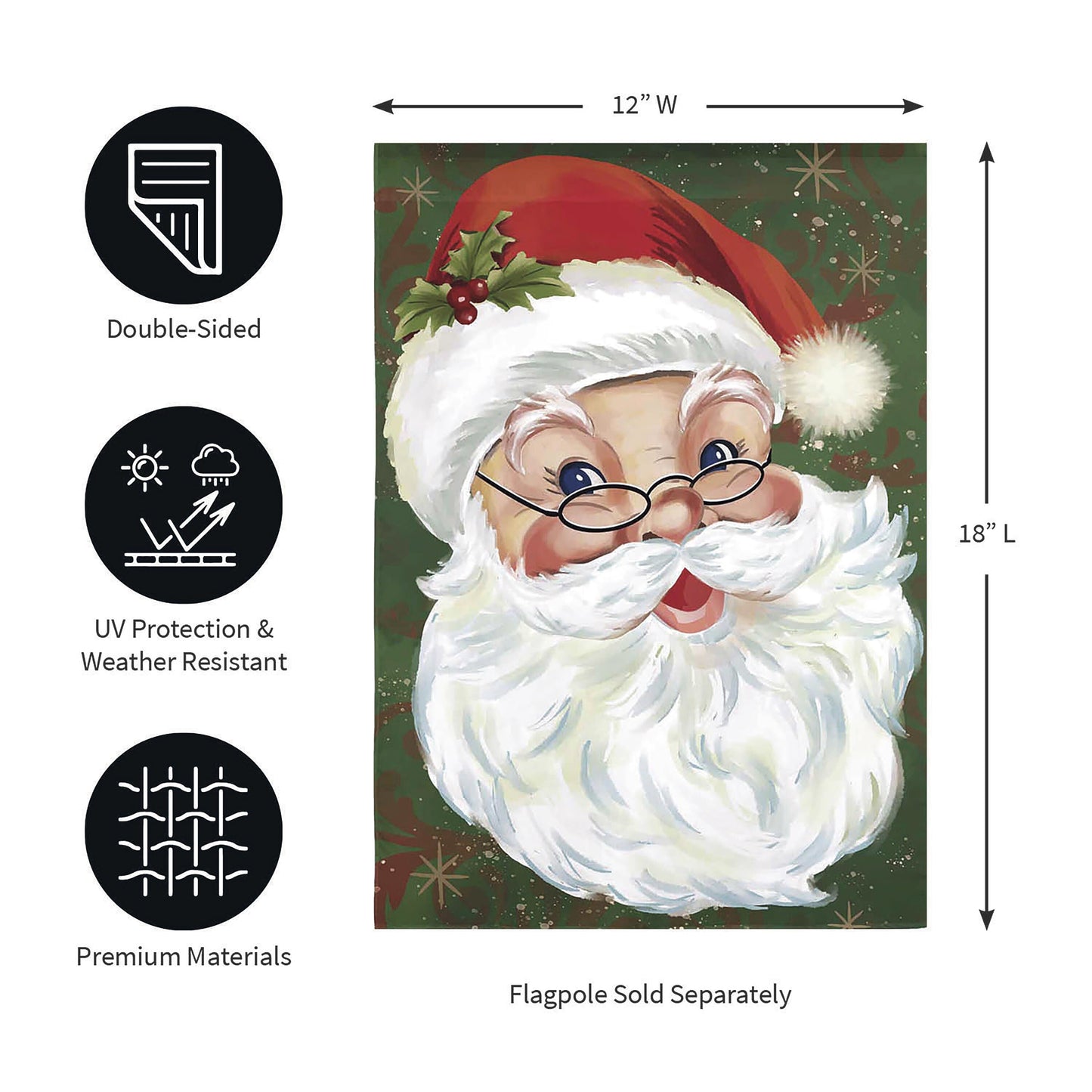 Merry Santa Applique Garden Flag by Evergreen Enterprises, 12x18in, UV/weather resistant on Tampa Home & Garden Store