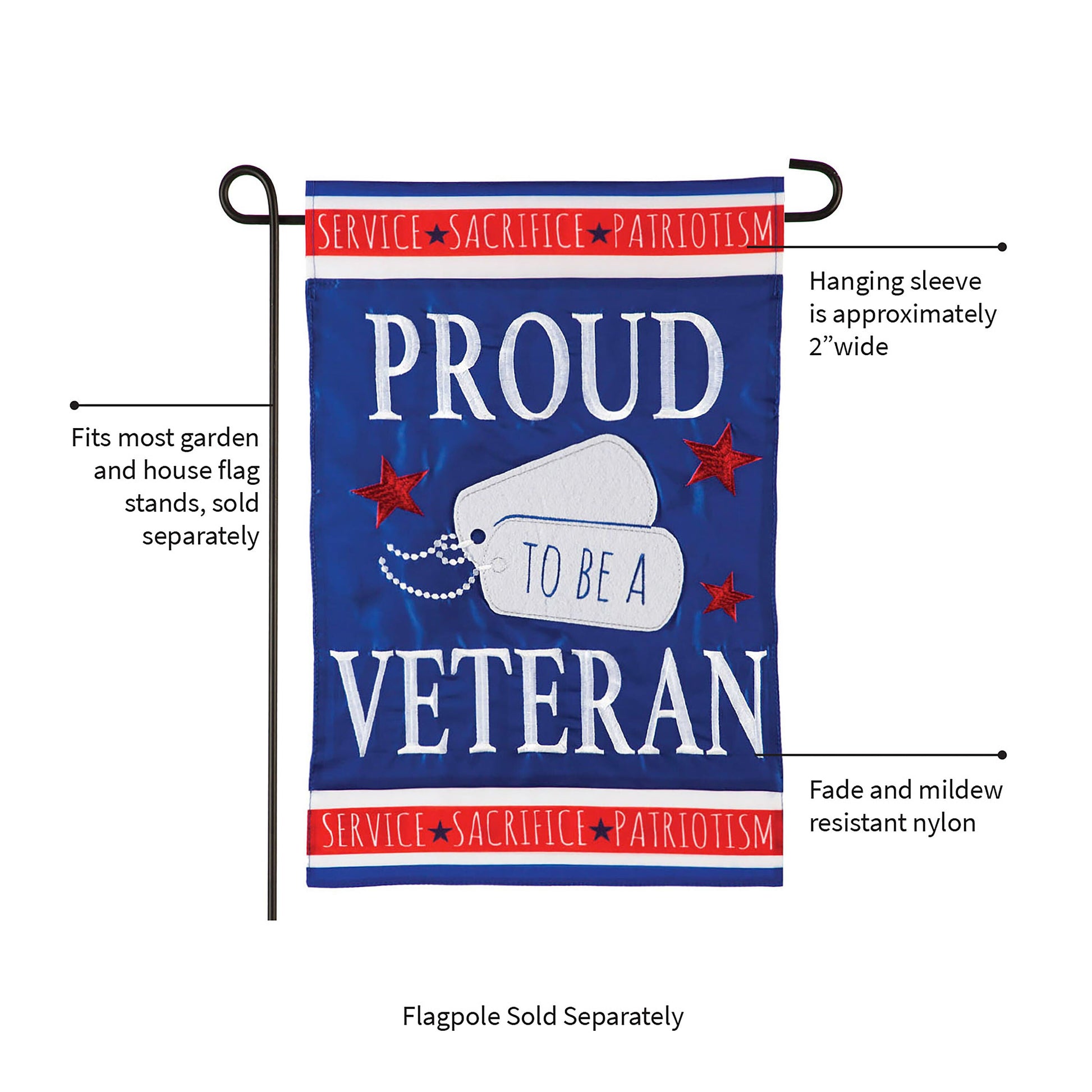 Proud Veteran Garden Flag Evergreen Enterprises blue flag with SERVICE SACRIFICE PATRIOTISM band on Tampa Home & Garden Store