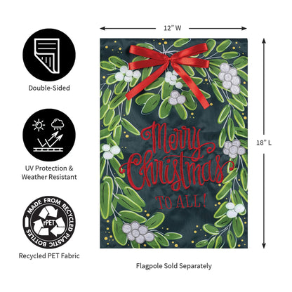 Merry Christmas Mistletoe Applique Garden Flag by Evergreen Enterprises with holly on dark cloth on Tampa Home & Garden Store