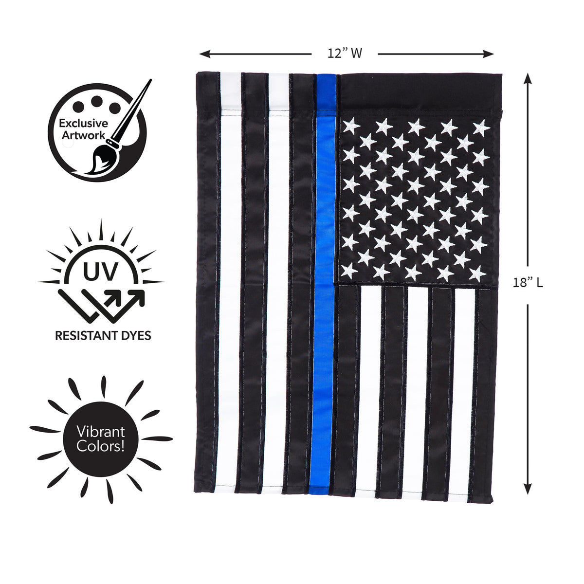 Thin Blue Line Garden Applique Flag with black and white stripes and a blue stripe, Evergreen Enterprises on Tampa Home & Garden Store
