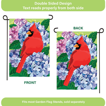 Red cardinal applique garden flag on hydrangea blossoms, double-sided design, pair Evergreen on Tampa Home & Garden Store