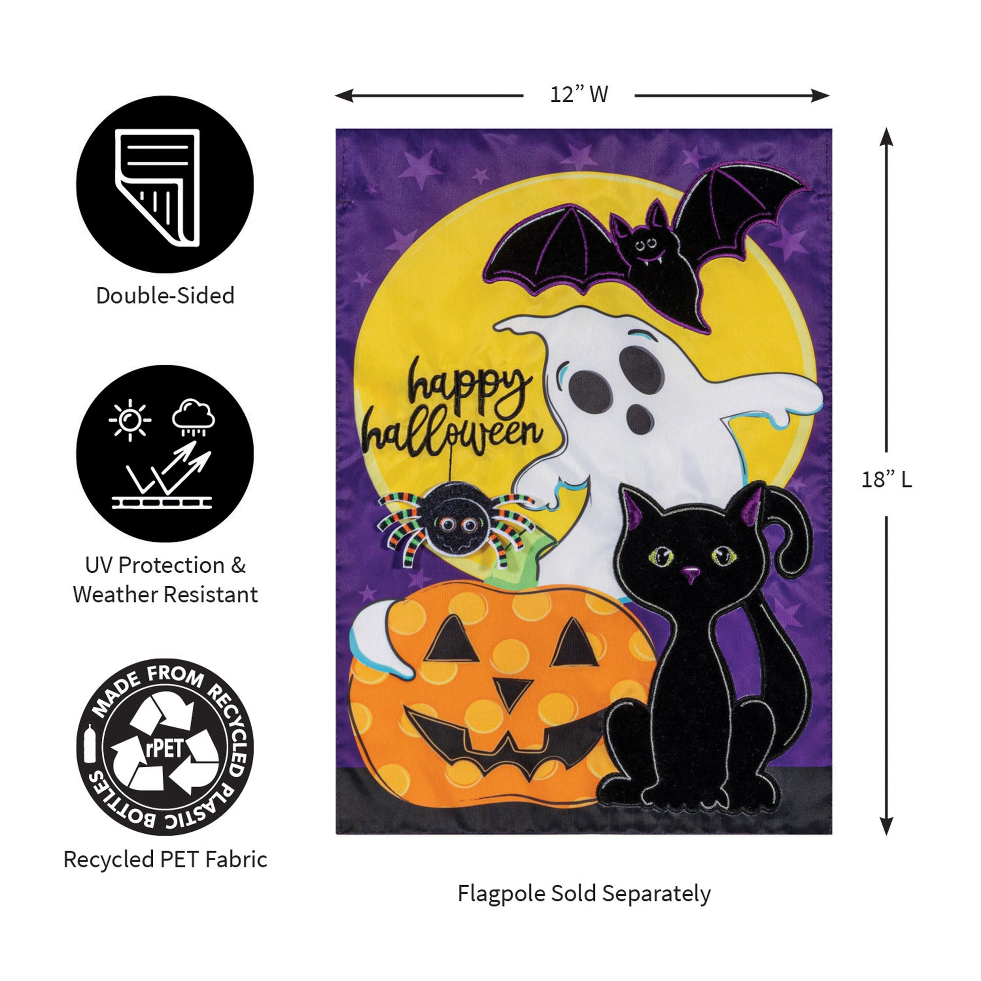 Halloween Friends Applique Garden Flag purple night sky yellow moon ghost bat and pumpkin on Tampa Home & Garden Store