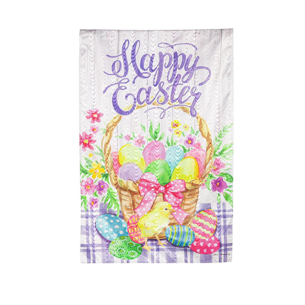 Moire House Flag Easter Egg Basket with colorful eggs on woodgrain by Evergreen Enterprises on Tampa Home & Garden Store