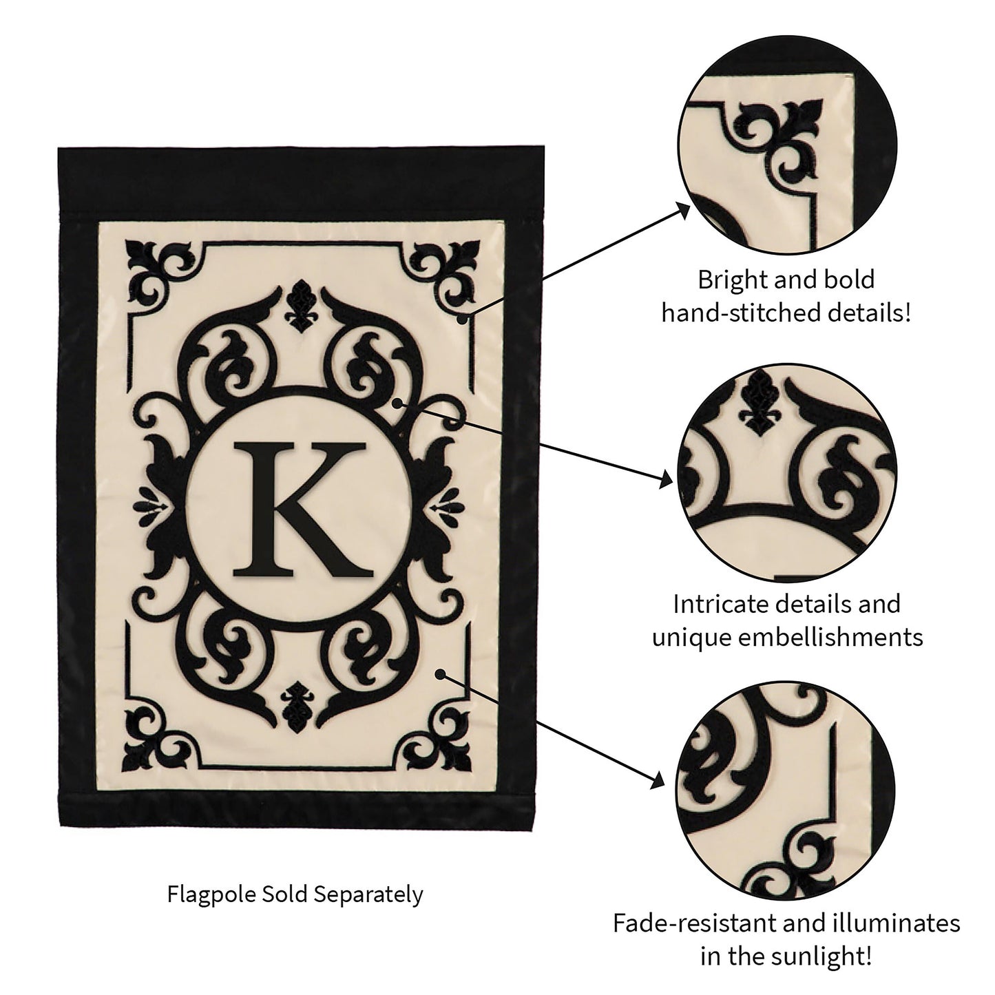 Cambridge Monogram Garden Applique Flag letter K, black border, cream panel on Tampa Home & Garden Store