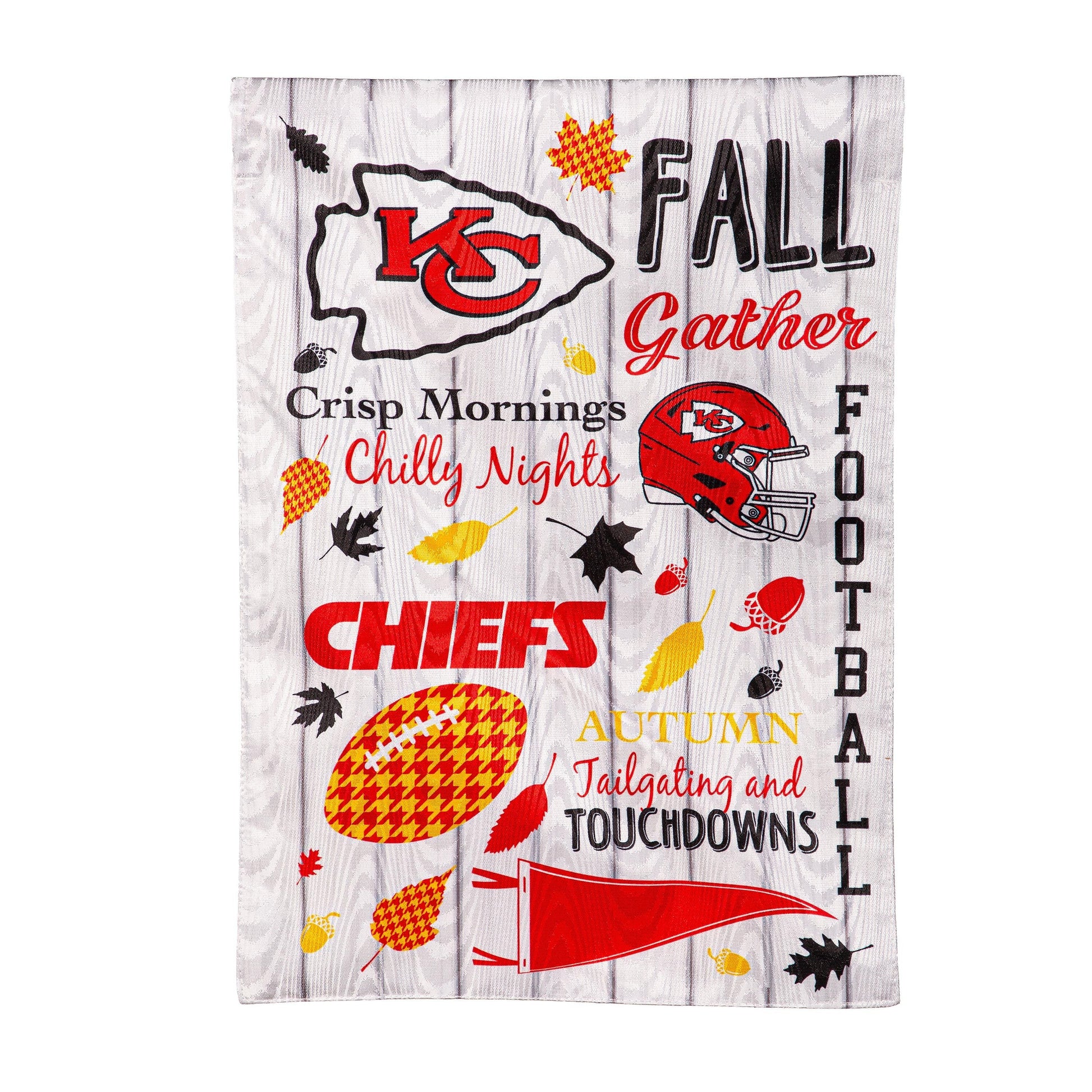 Moire Garden Flag Kansas City Chiefs Fall Seasonal design with Chiefs logo on wood background on Tampa Home & Garden Store