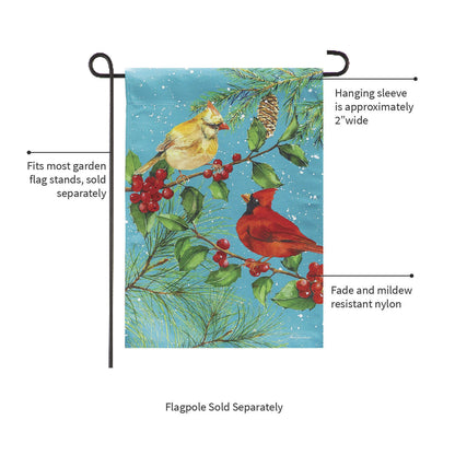 Cardinal Couple Suede Garden Flag with blue winter scene and red berries on pine branches on Tampa Home & Garden Store