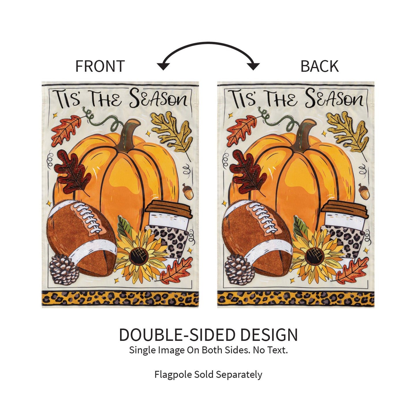 Tis' The Season Fall Applique Garden Flag double-sided with pumpkins and sunflowers on Tampa Home & Garden Store