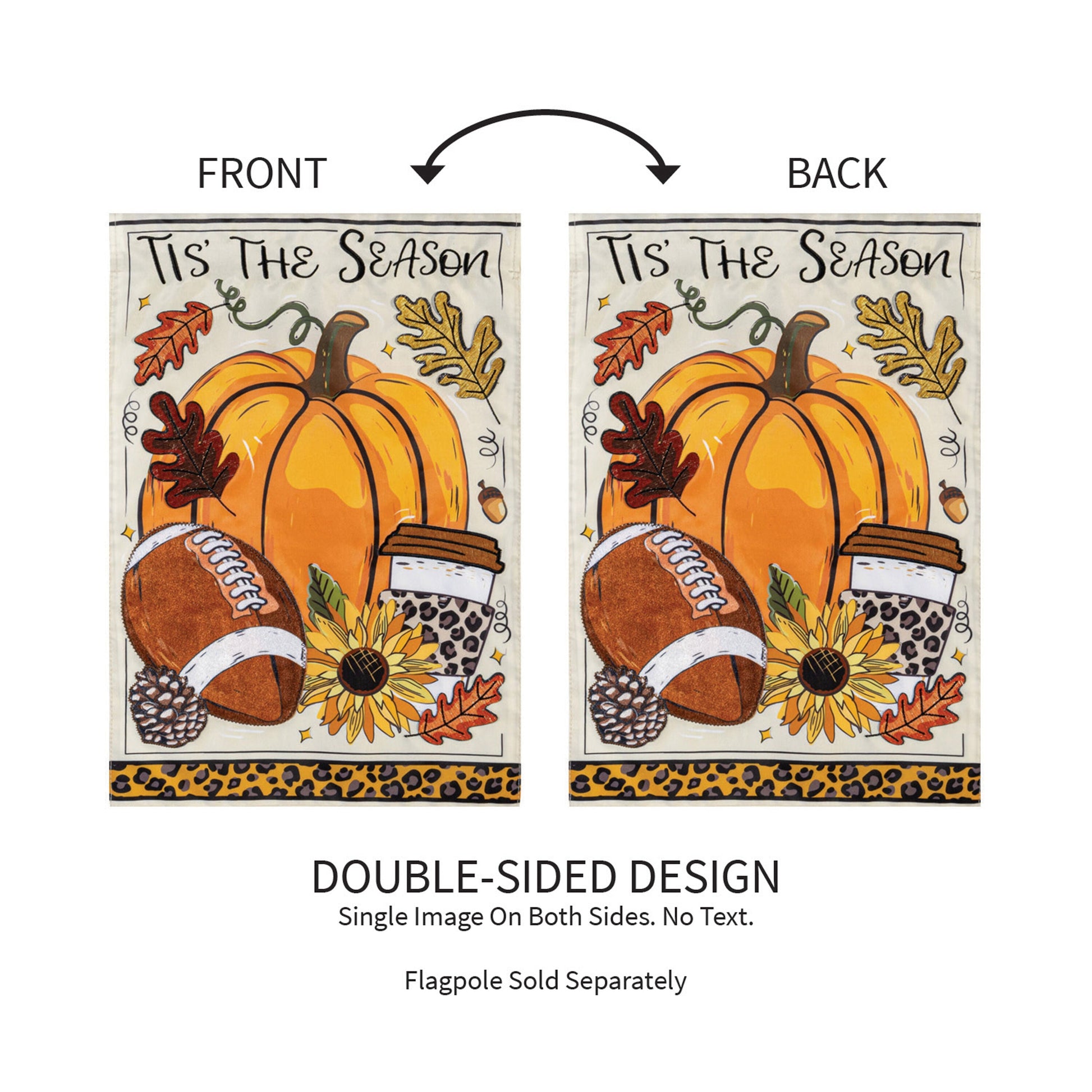 Tis' The Season Fall Applique Garden Flag double-sided with pumpkins and sunflowers on Tampa Home & Garden Store