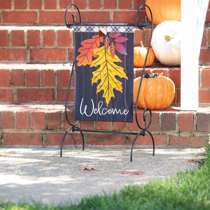 Welcome Autumn Leaves Garden Linen Flag with plaid header and colorful fall leaves on Tampa Home & Garden Store