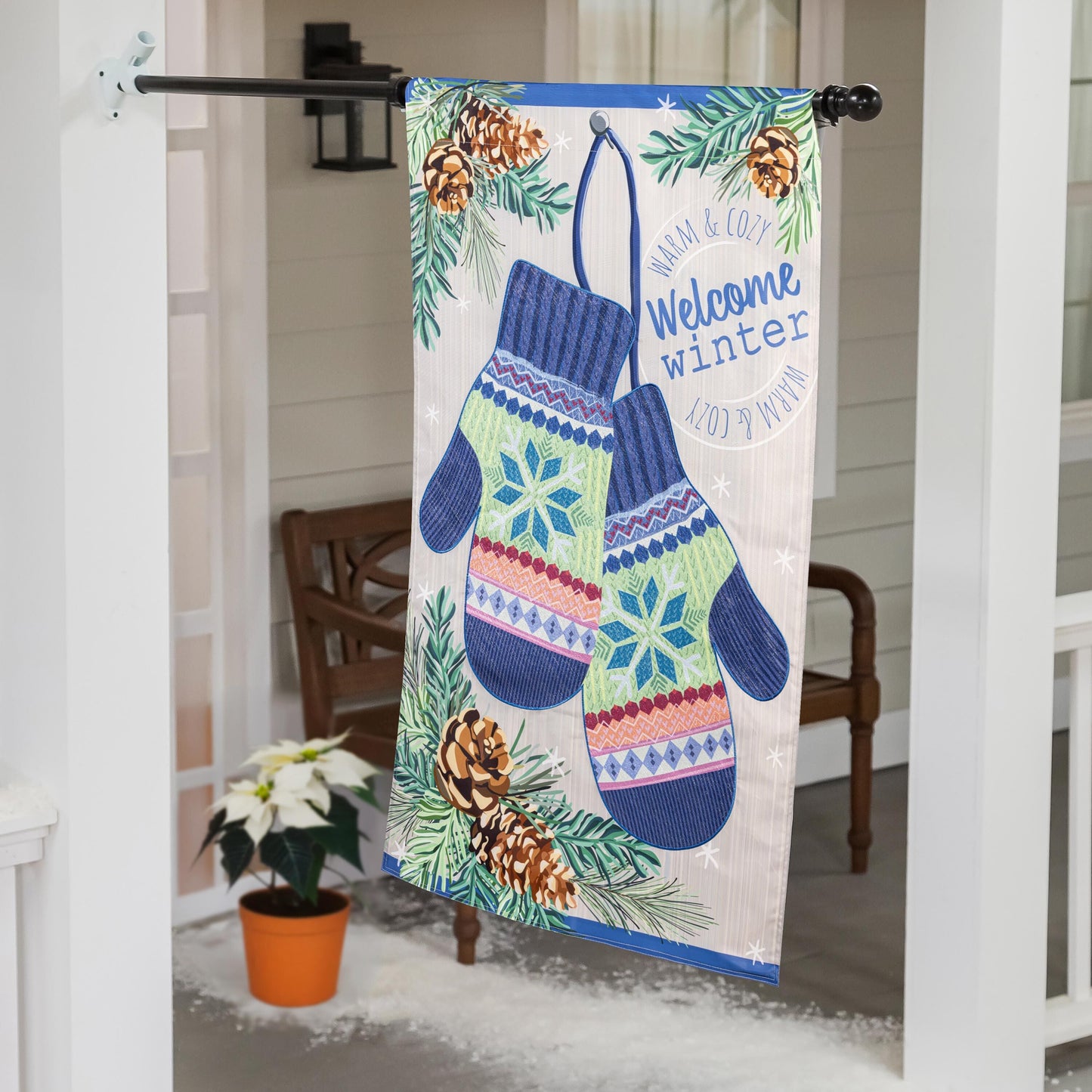 Winter Mittens Applique House Flag with blue knitted mittens and pinecone greenery on Tampa Home & Garden Store