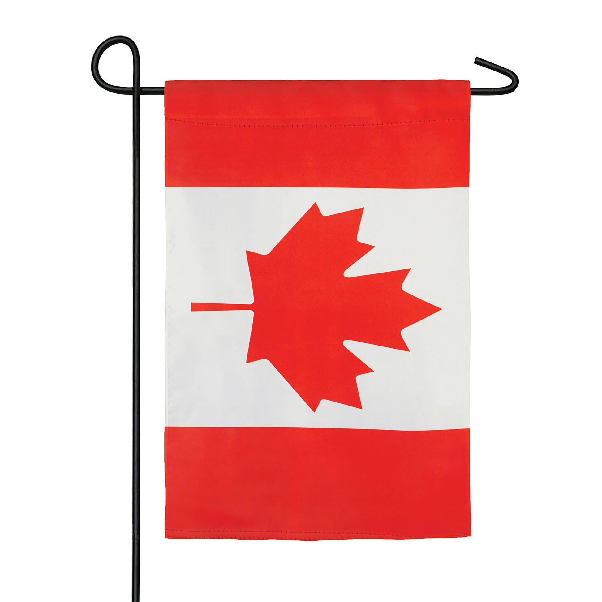 Canada Garden Suede Flag by Evergreen Enterprises, white flag with red maple on black stake on Tampa Home & Garden Store