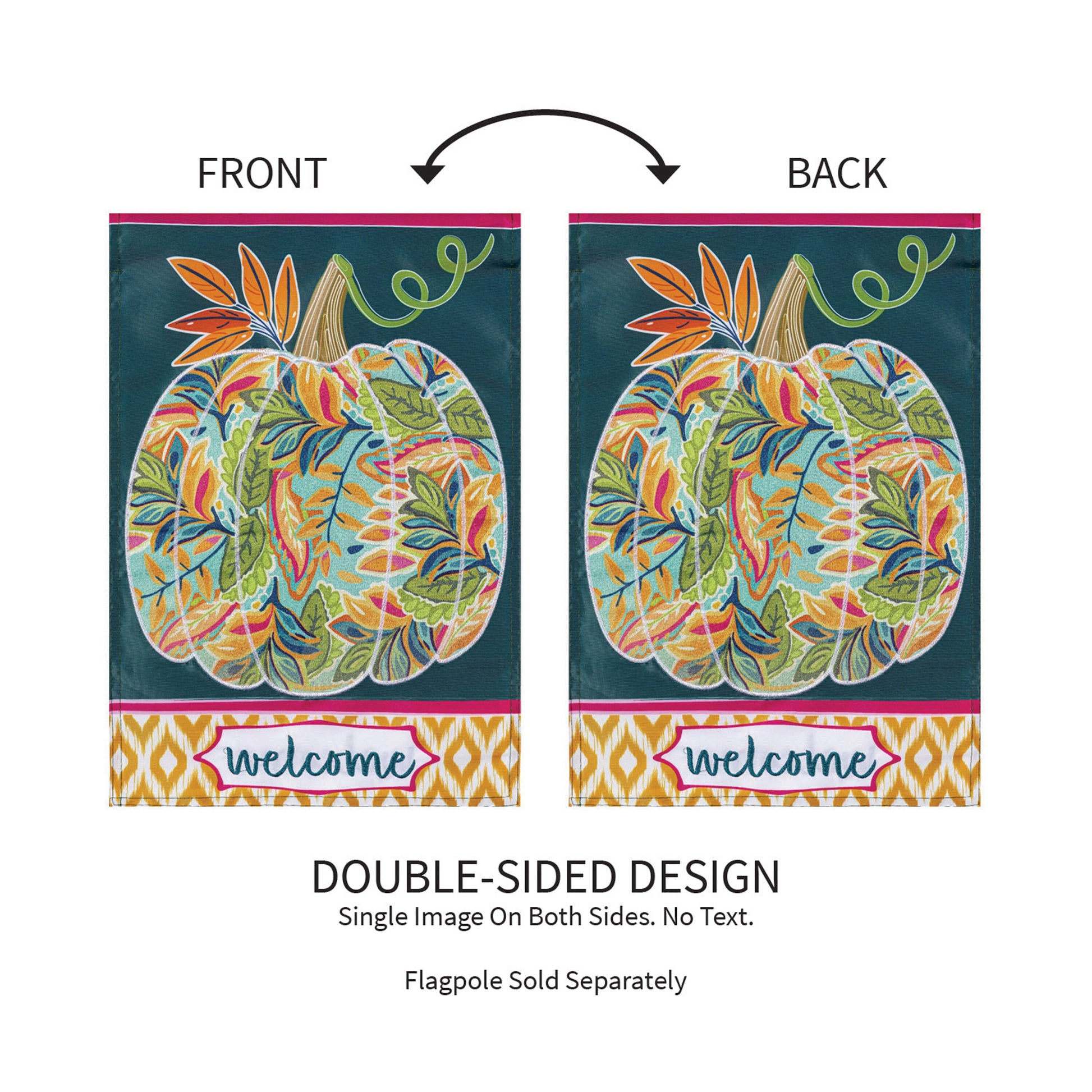 Patterned Jacobean Floral Pumpkin Applique Garden Flag, teal background, Evergreen double-sided on Tampa Home & Garden Store