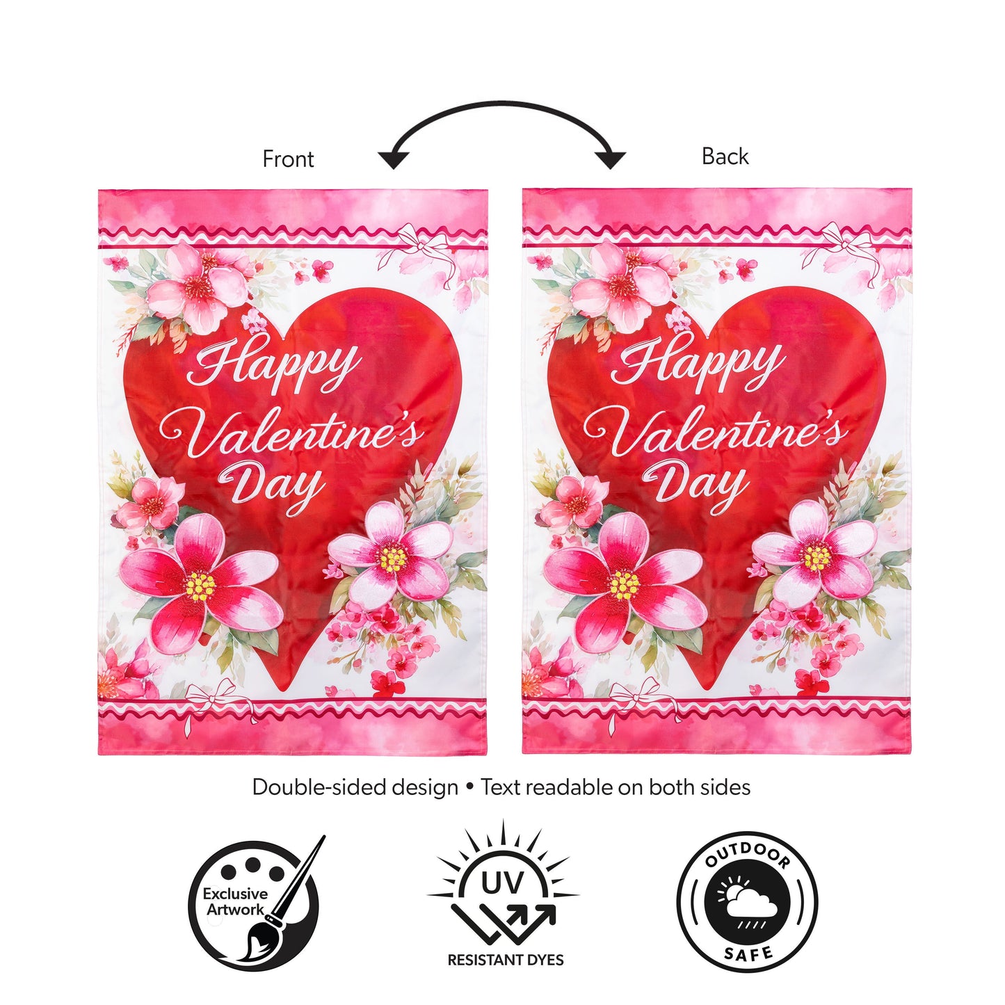 Happy Valentine’s Day Heart Applique House Flag; pink floral red heart, design on Tampa Home & Garden Store