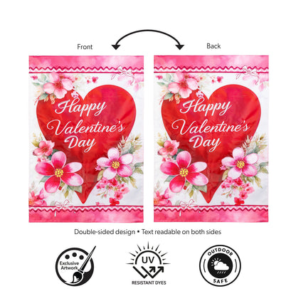 Happy Valentine’s Day Heart Applique House Flag; pink floral red heart, design on Tampa Home & Garden Store