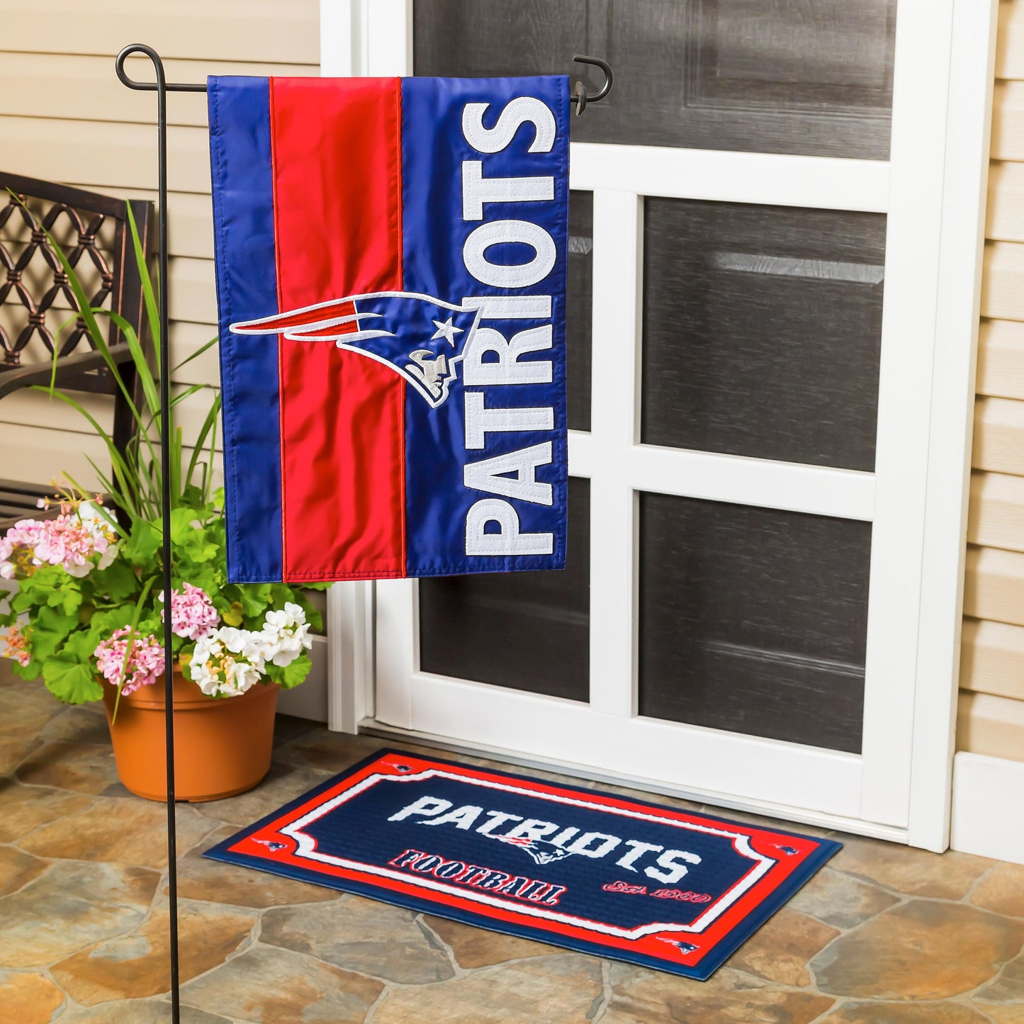 New England Patriots applique garden flag with red blue panels and white stitched PATRIOTS text on Tampa Home & Garden Store