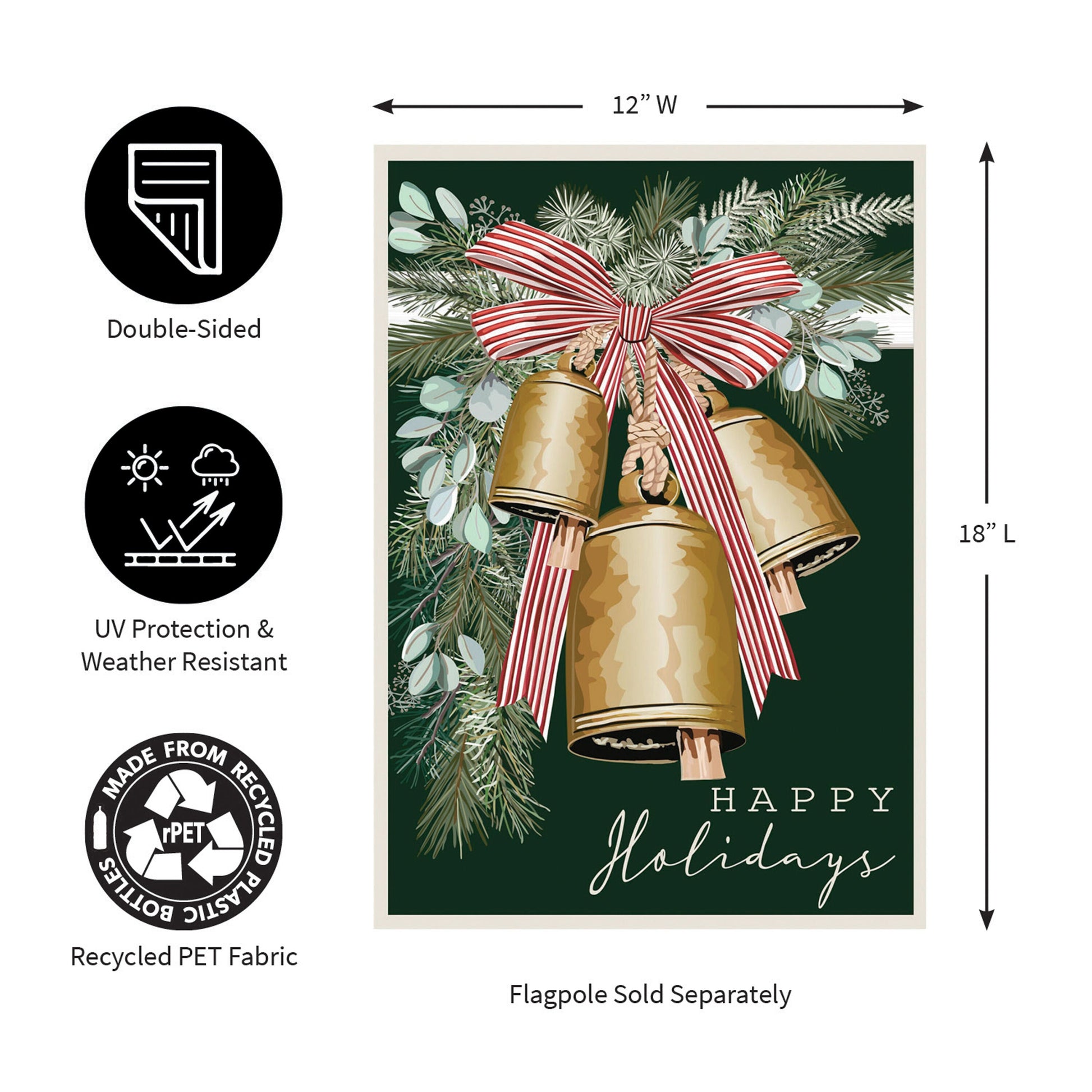Golden Bells Applique Garden Flag with gold bells and red striped bow by Evergreen Enterprises on Tampa Home & Garden Store