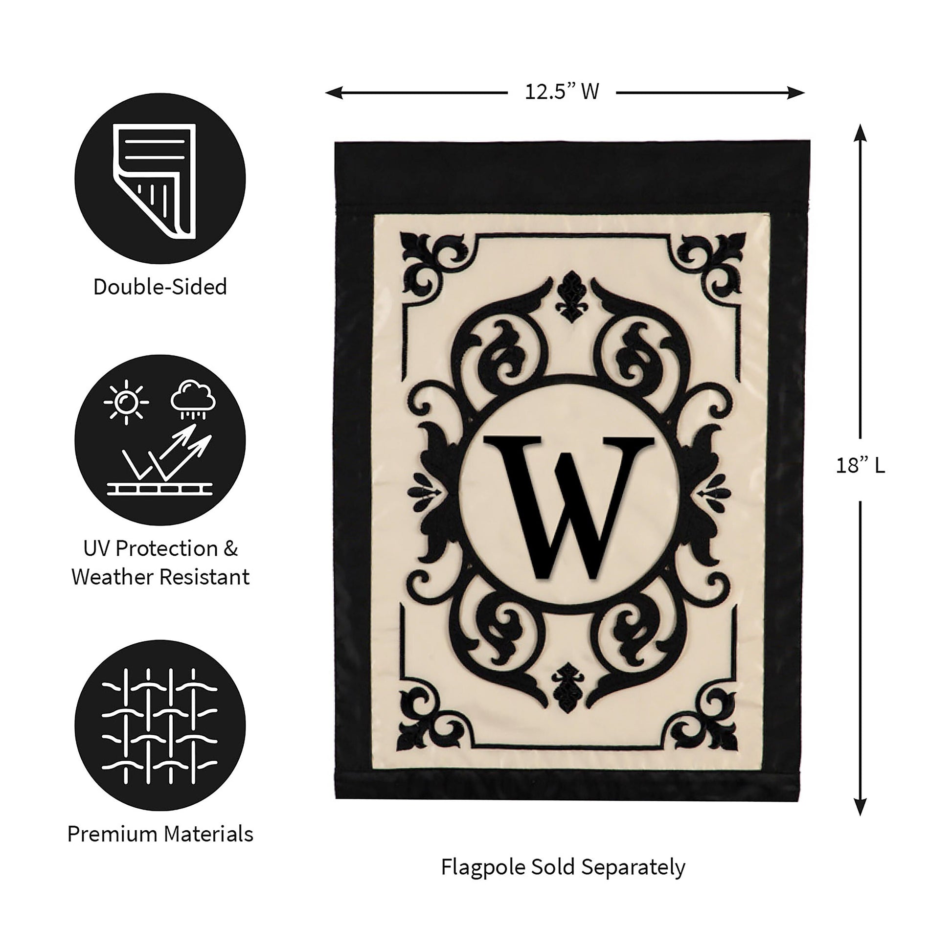 Cambridge Monogram Garden Flag Letter W with beige crest and black border, double sided on Tampa Home & Garden Store
