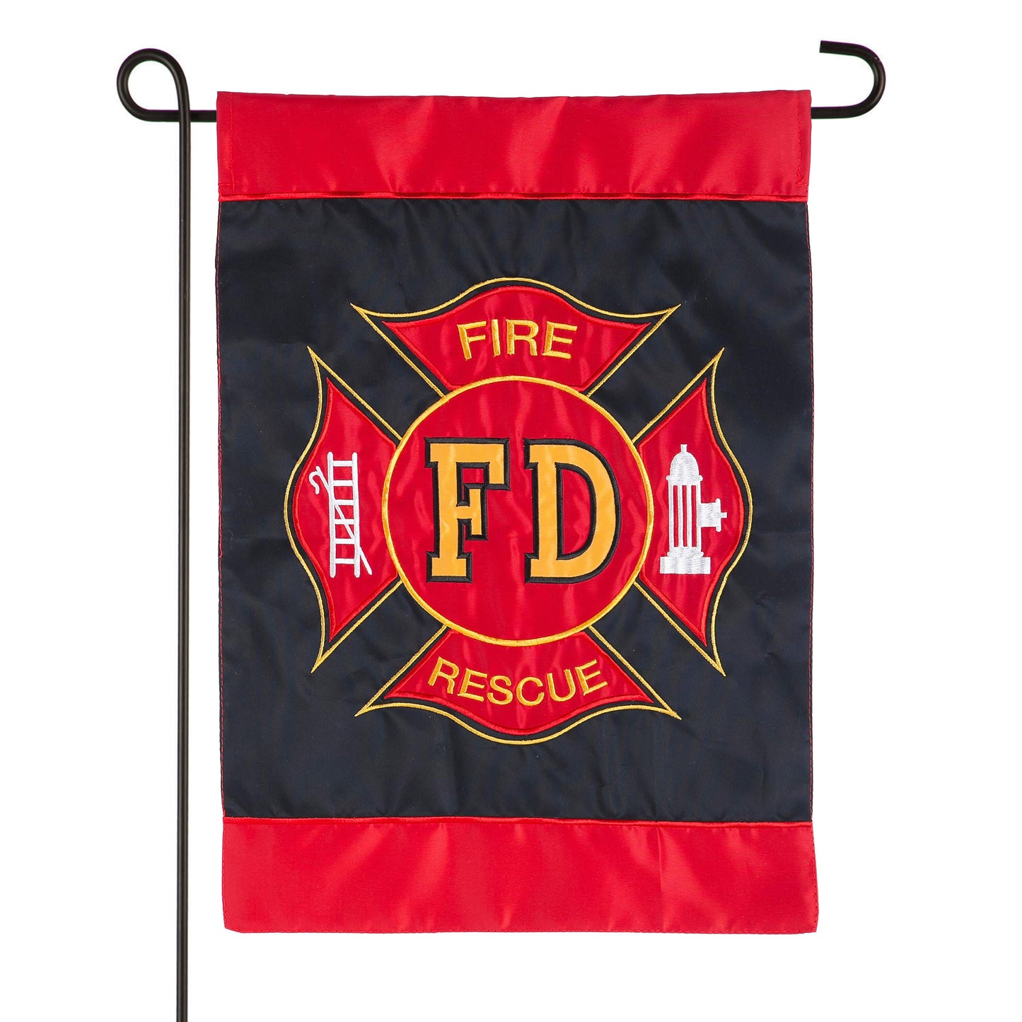 Fire Department Garden Applique Flag by Evergreen Enterprises - Wholesale Collective; red top band and navy field with FD emblem on Tampa Home & Garden Store