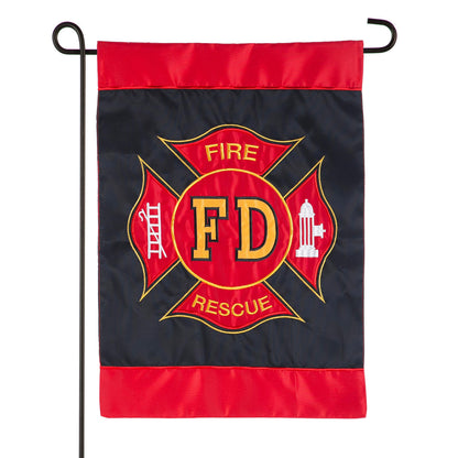 Fire Department Garden Applique Flag by Evergreen Enterprises - Wholesale Collective; red top band and navy field with FD emblem on Tampa Home & Garden Store