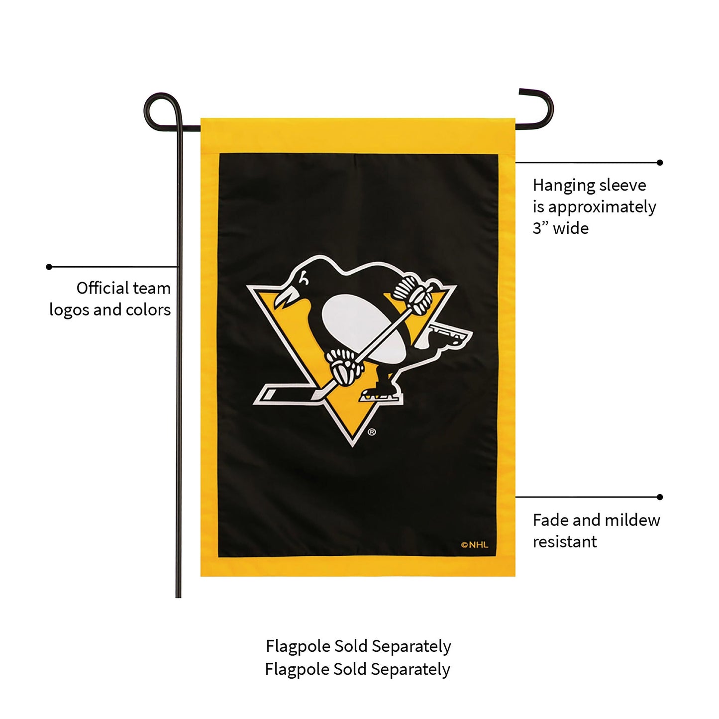 Penguins applique flag with yellow border and black logo Evergreen Enterprises Wholesale on Tampa Home & Garden Store