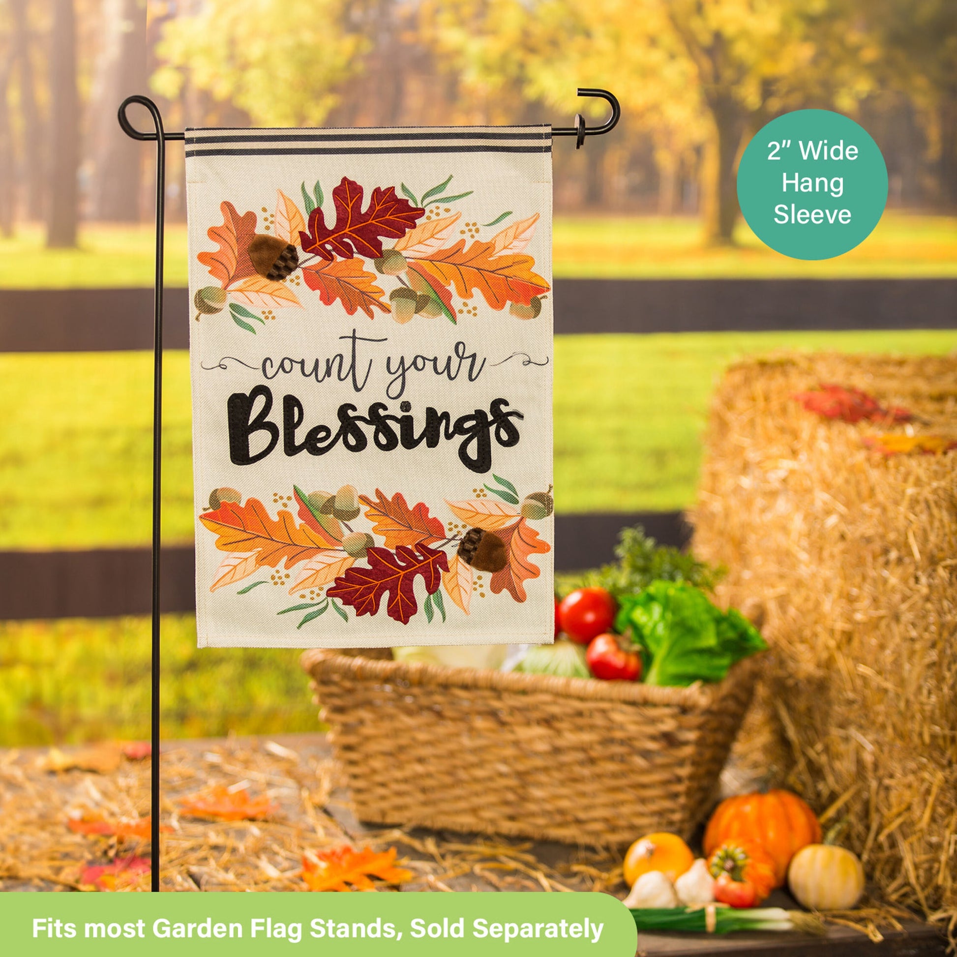 Count Your Blessings Garden Burlap Flag with autumn leaf motif and 2-inch wide hang sleeve on Tampa Home & Garden Store