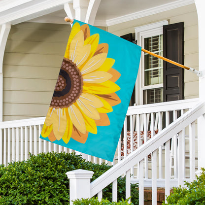Sunflower Basic Applique House Flag turquoise flag with yellow petals brown center on porch on Tampa Home & Garden Store