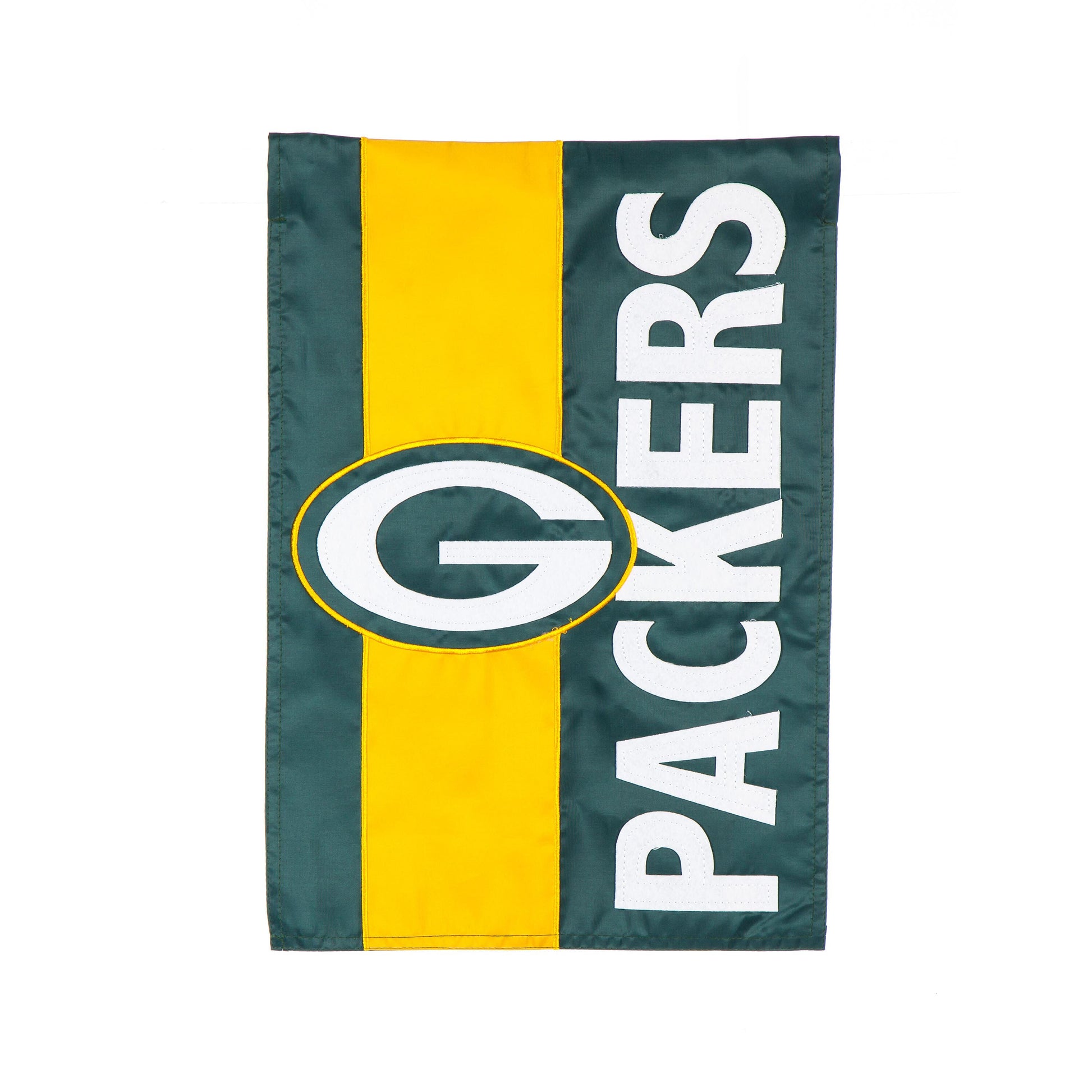 Green Bay Packers garden flag, green with yellow stripe, white lettering, Evergreen Enterprises on Tampa Home & Garden Store