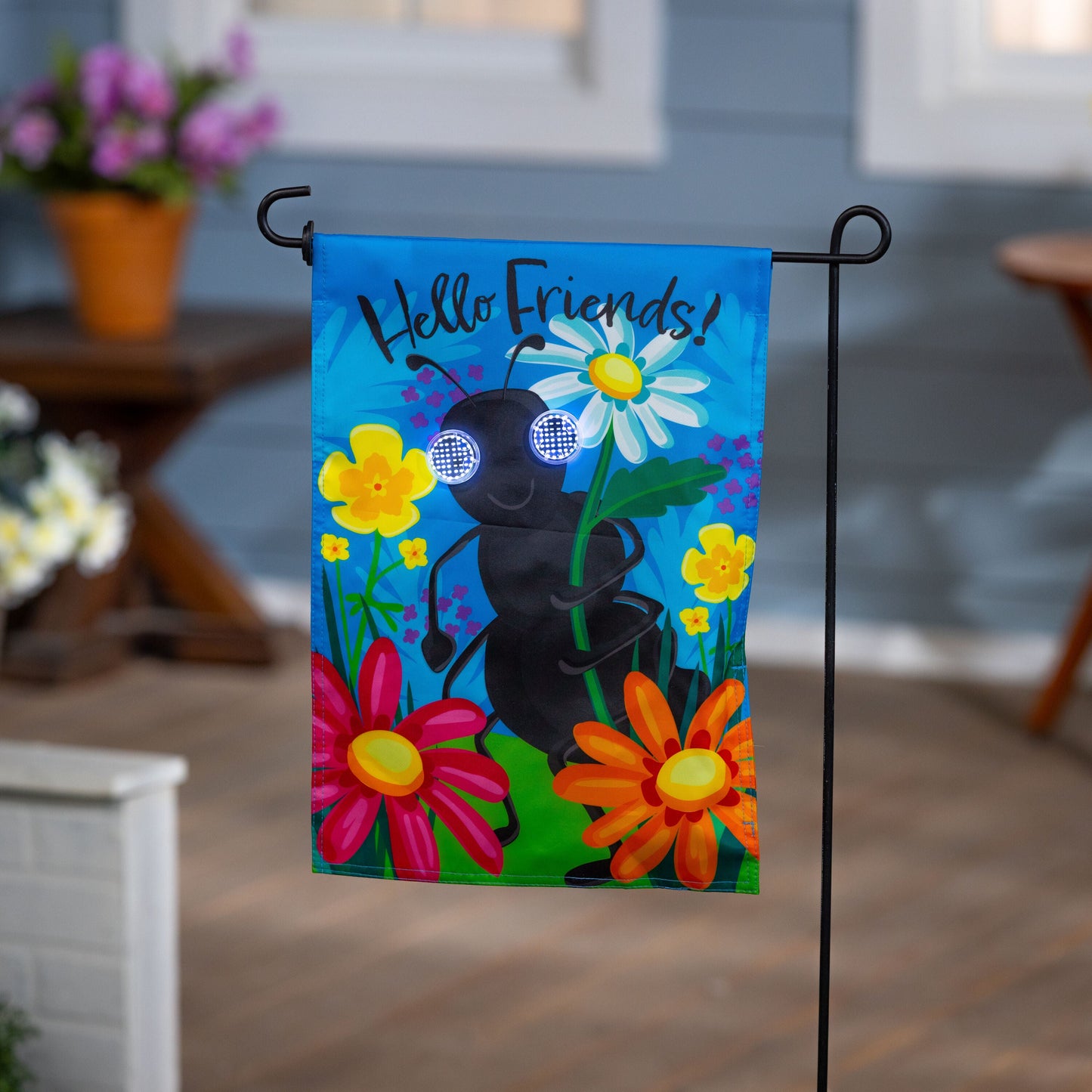 Animated Floral Ant Applique Lighted Garden Flag with Hello Friends! design and LED accents on Tampa Home & Garden Store