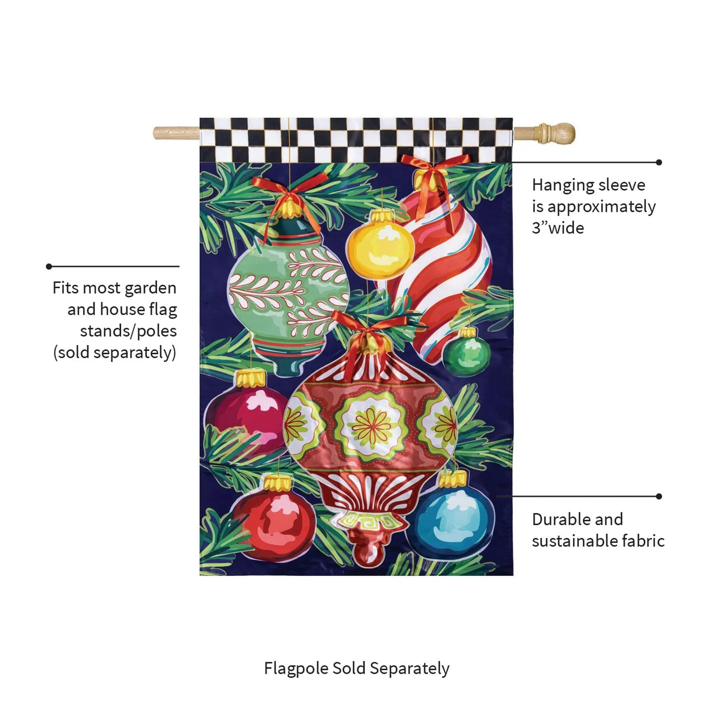 Happy Holidays Ornaments Applique Flag Evergreen Enterprises; ornaments on flag backdrop on Tampa Home & Garden Store