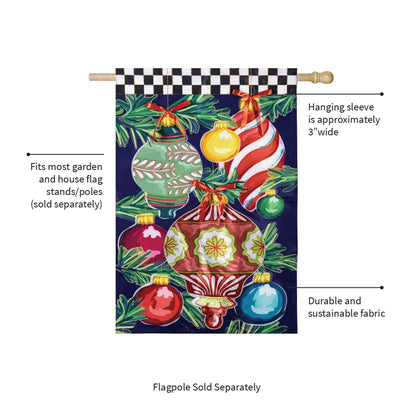 Happy Holidays Ornaments Applique Flag Evergreen Enterprises; ornaments on flag backdrop on Tampa Home & Garden Store