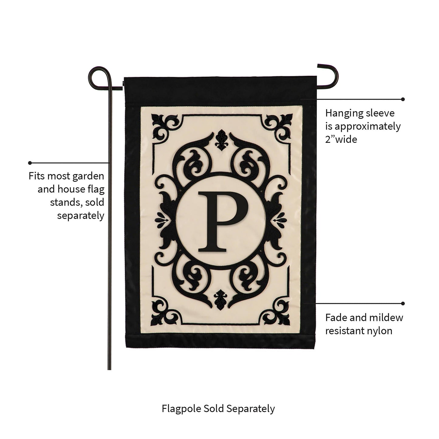 Evergreen Cambridge Monogram Garden Applique Flag Letter P, beige with black ornate frame on Tampa Home & Garden Store