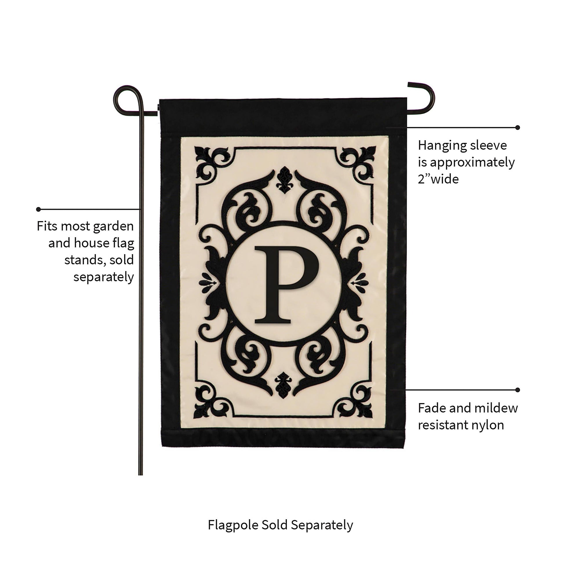 Evergreen Cambridge Monogram Garden Applique Flag Letter P, beige with black ornate frame on Tampa Home & Garden Store