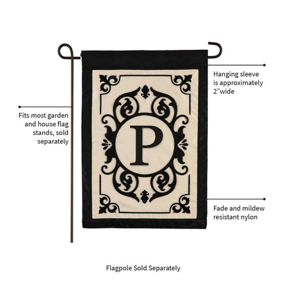 Evergreen Cambridge Monogram Garden Applique Flag Letter P, beige with black ornate frame on Tampa Home & Garden Store
