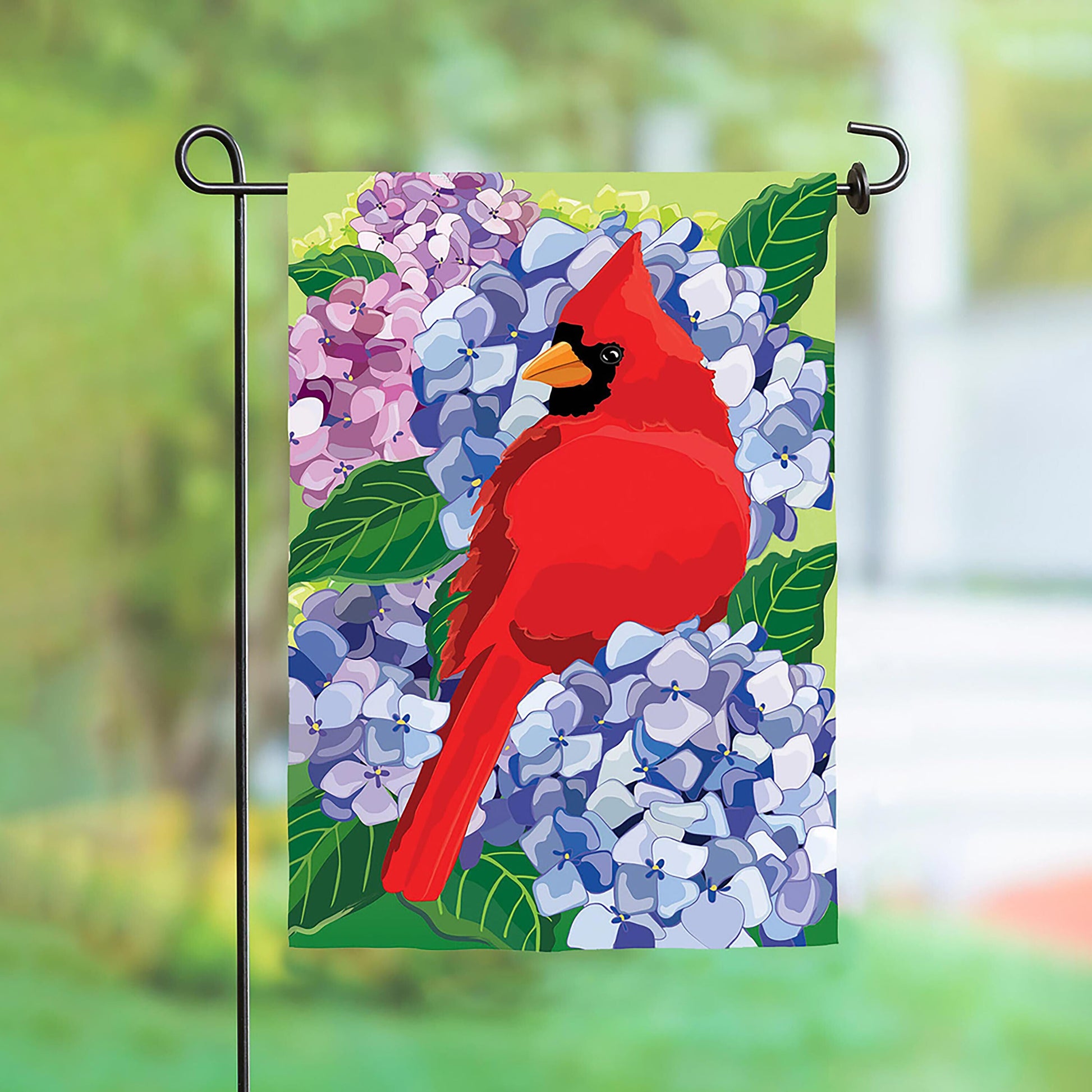 Red cardinal hydrangeas applique garden flag Evergreen Enterprises on Tampa Home & Garden Store