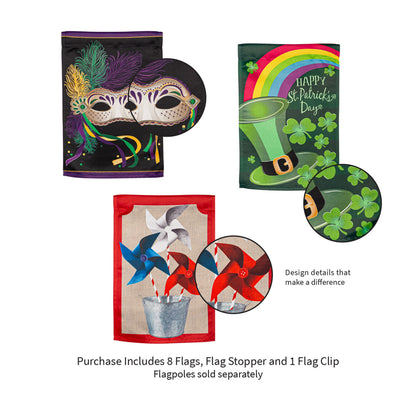 Seasonal suede garden flag set of 8 flags including carnival mask and St Patrick rainbow flag on Tampa Home & Garden Store