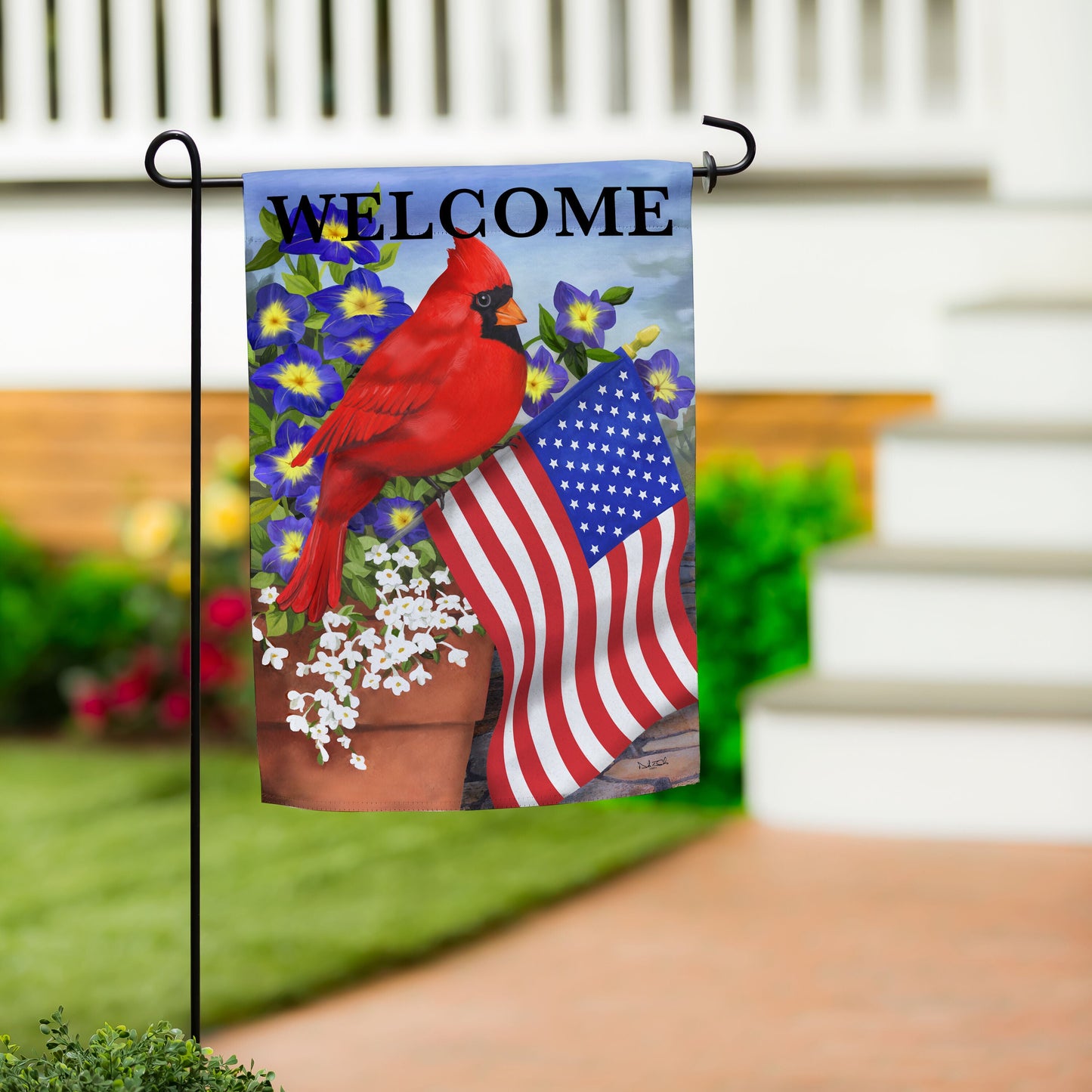 Cardinal Glory Suede Garden Flag with red cardinal and purple flowers on Tampa Home & Garden Store