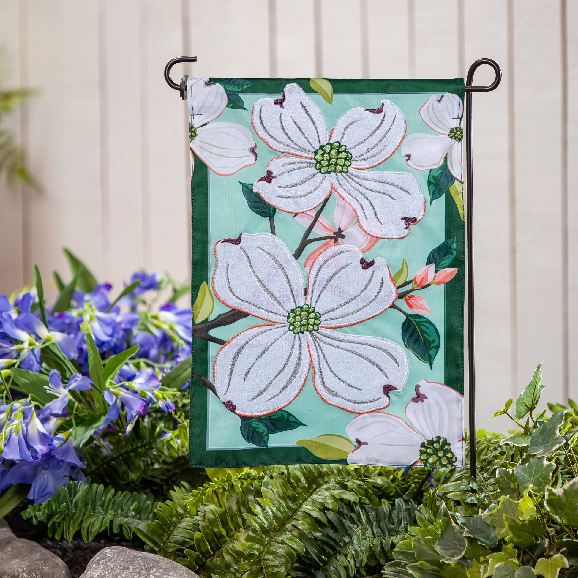 Dogwood Blossoms Applique Garden Flag teal background with white blooms by Evergreen Enterprises on Tampa Home & Garden Store