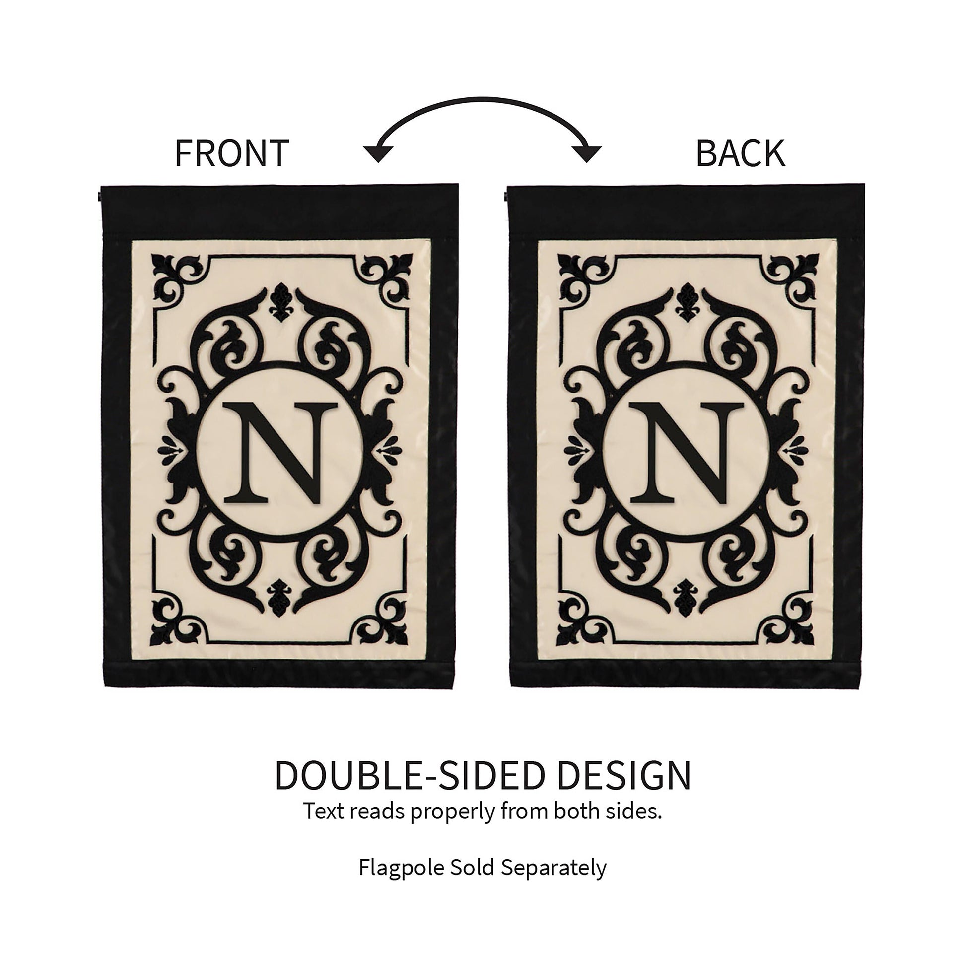 Cambridge Monogram Garden Applique Flag N, cream panel with black N, black border, pair on Tampa Home & Garden Store