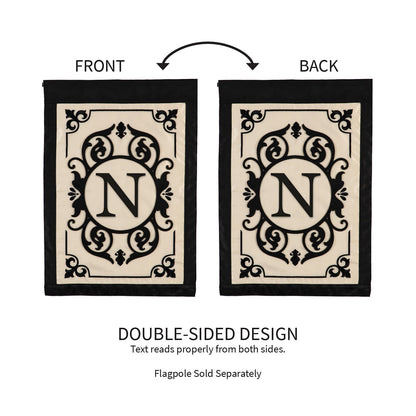 Cambridge Monogram Garden Applique Flag N, cream panel with black N, black border, pair on Tampa Home & Garden Store