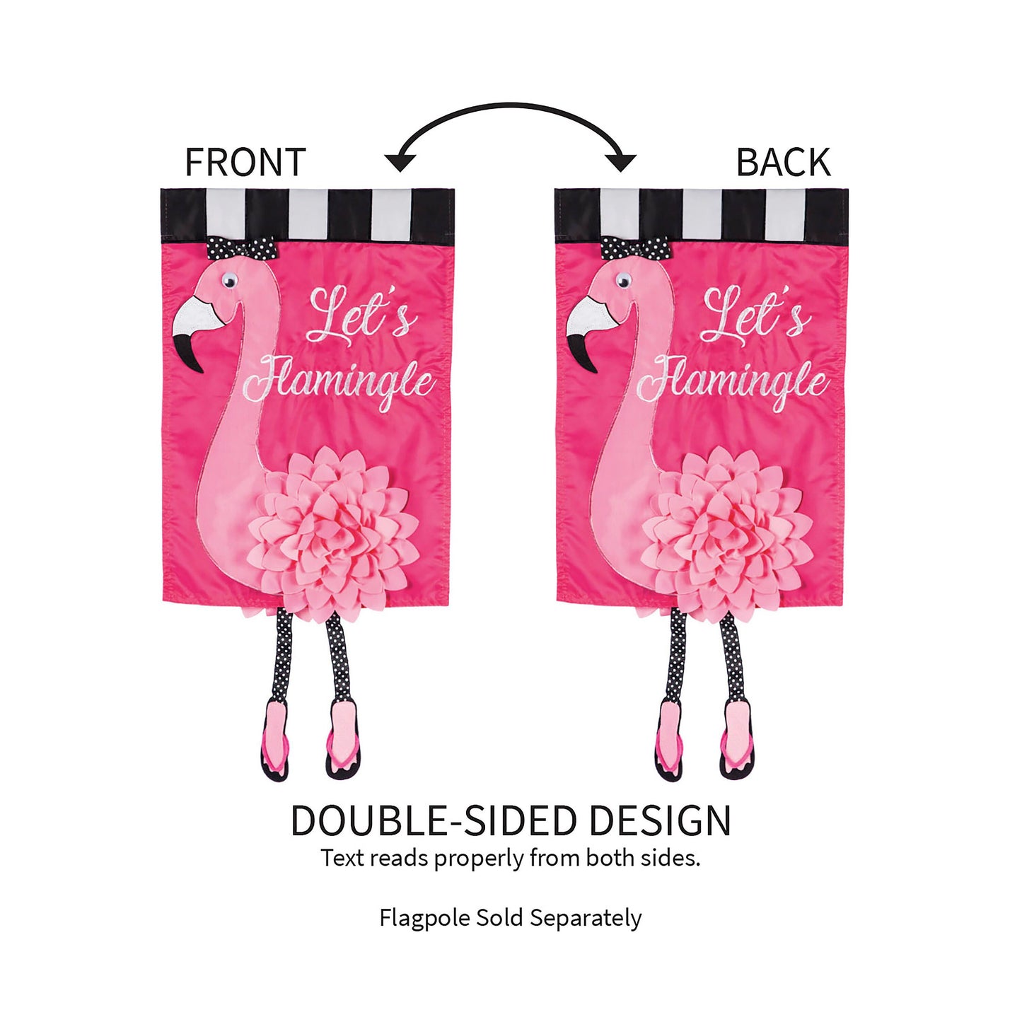 Let's Flamingle Garden Applique Flags pair with pink flamingo, striped top, double-sided design on Tampa Home & Garden Store