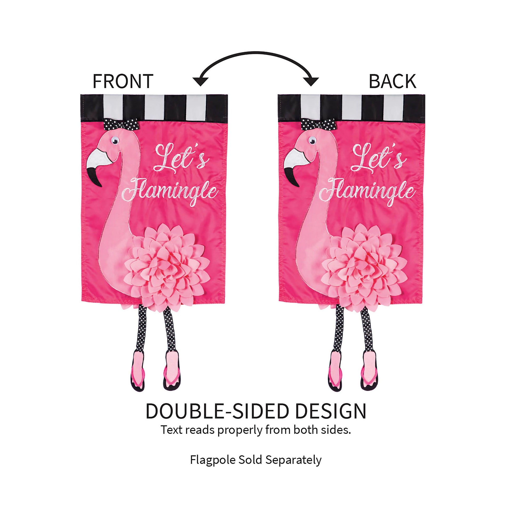Let's Flamingle Garden Applique Flags pair with pink flamingo, striped top, double-sided design on Tampa Home & Garden Store