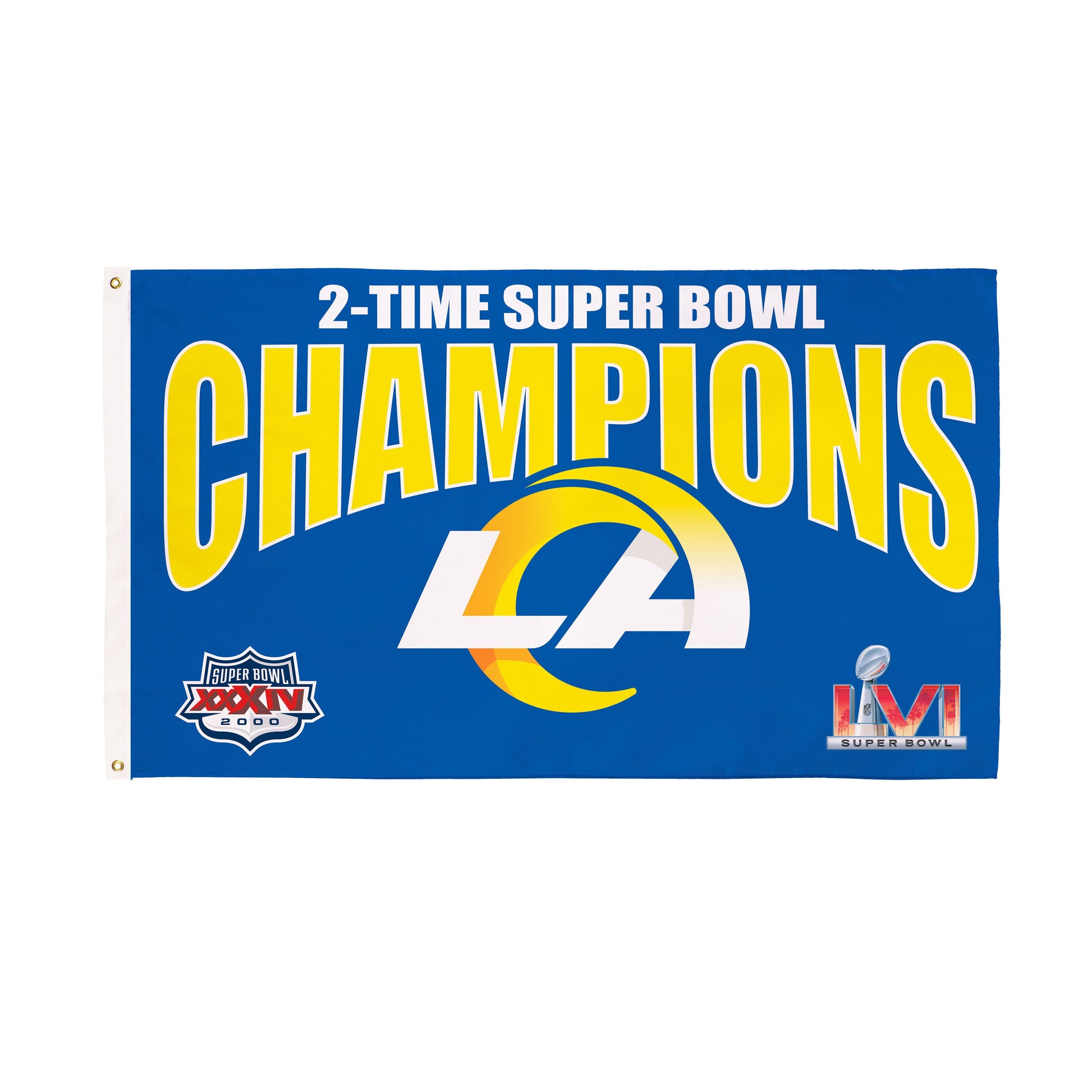 3x5 sublimated flag LA Rams 2-Time Super Bowl Champions on blue field with CHAMPIONS on Tampa Home & Garden Store