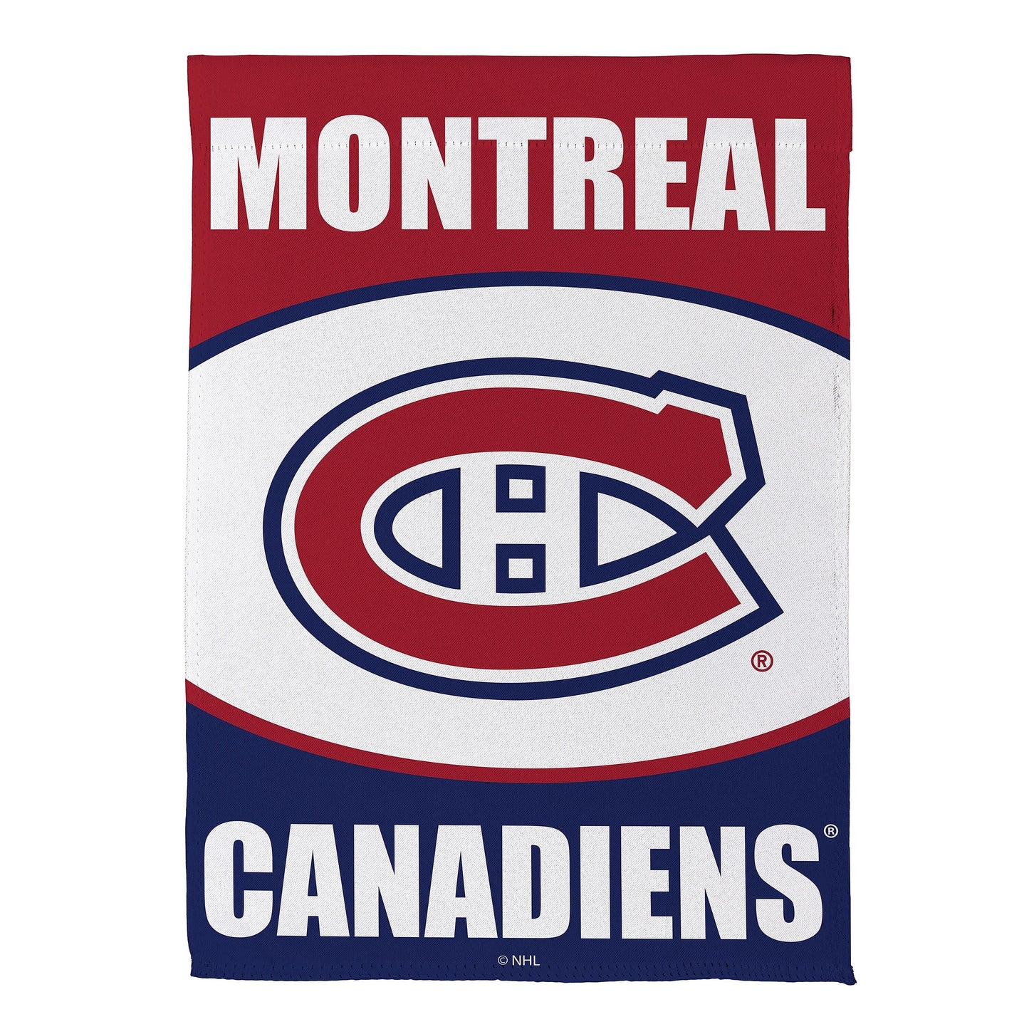 Montreal Canadiens suede garden flag red field with white MONTREAL and blue logo Evergreen on Tampa Home & Garden Store