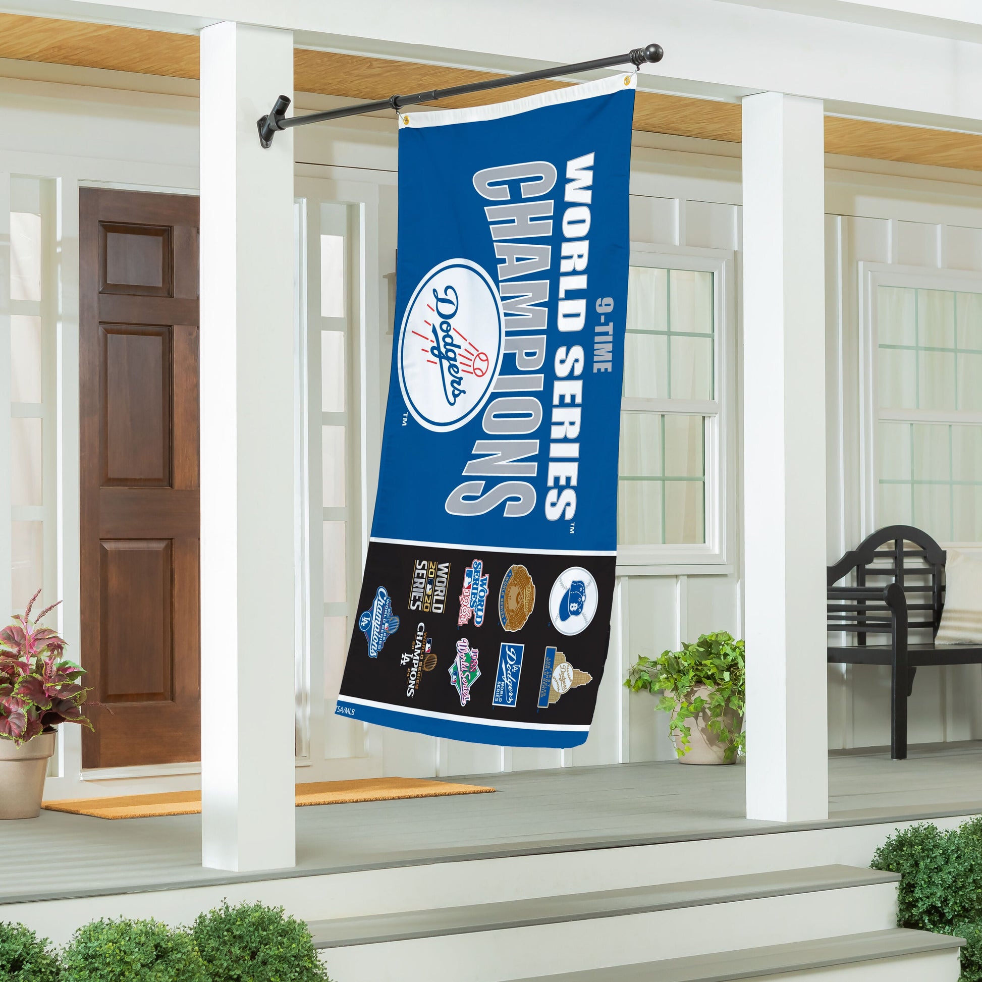 Los Angeles Dodgers single-sided 3x5 sublimated flag with 2 grommets hanging on porch display on Tampa Home & Garden Store