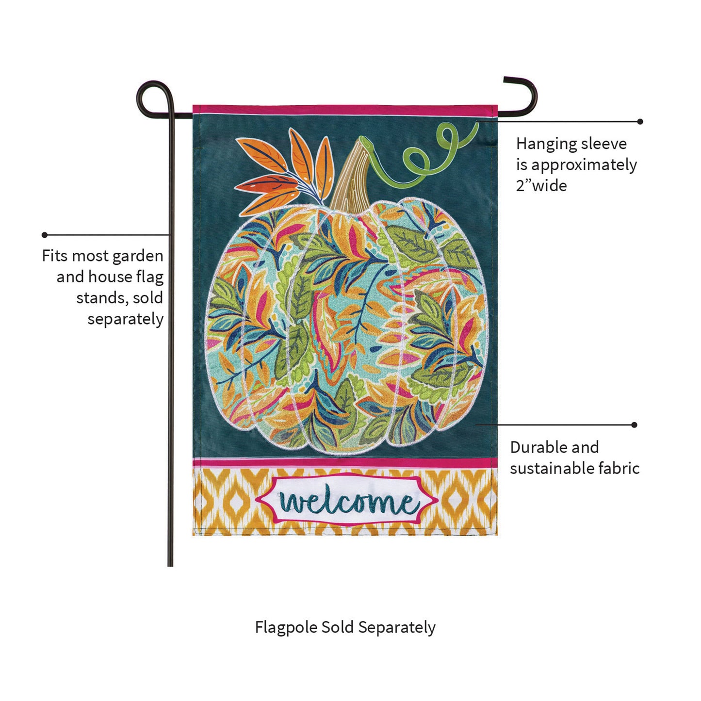 Patterned Jacobean Floral Pumpkin Applique Garden Flag by Evergreen Enterprises teal on Tampa Home & Garden Store