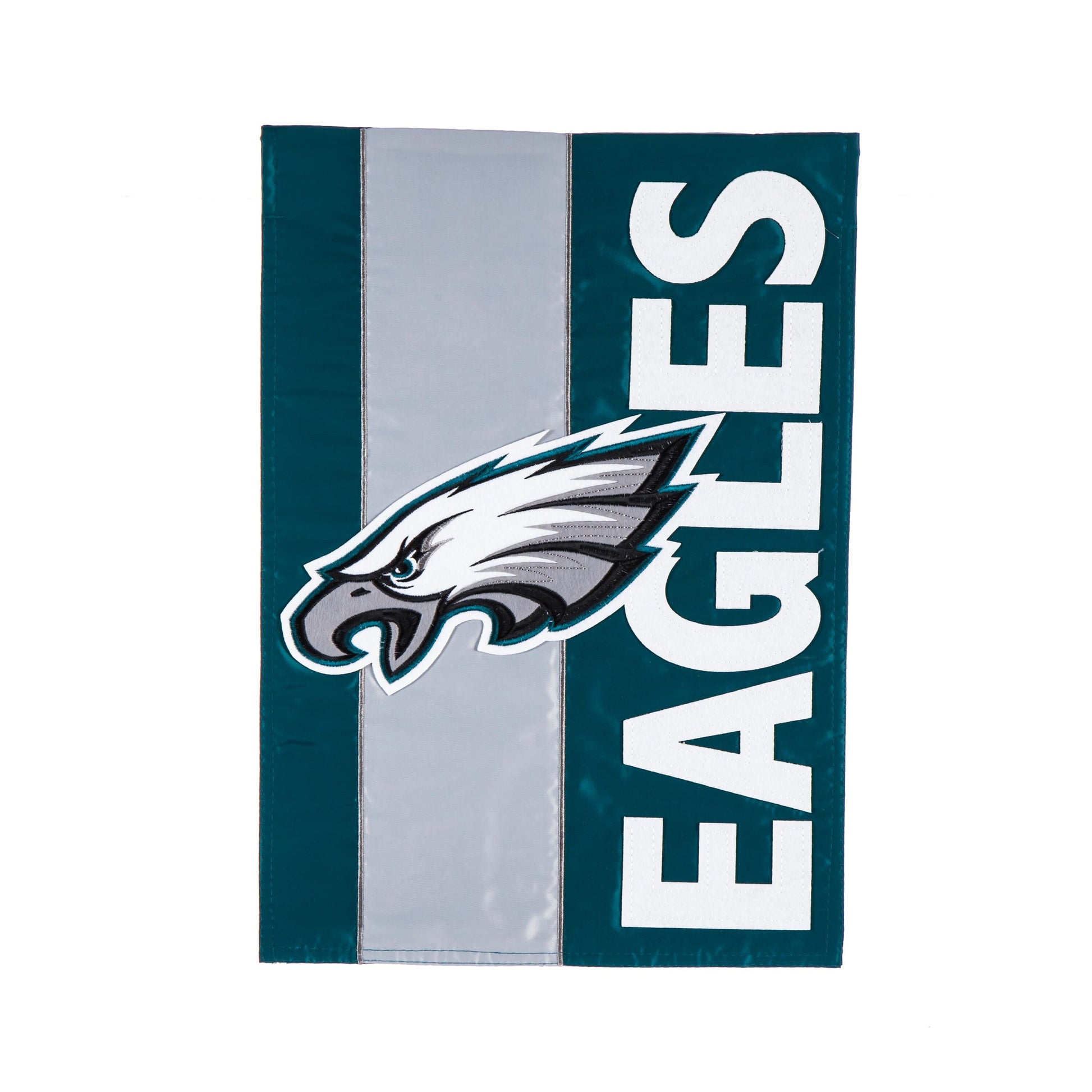 Philadelphia Eagles embellished garden flag applique with teal field and white eagle logo on Tampa Home & Garden Store