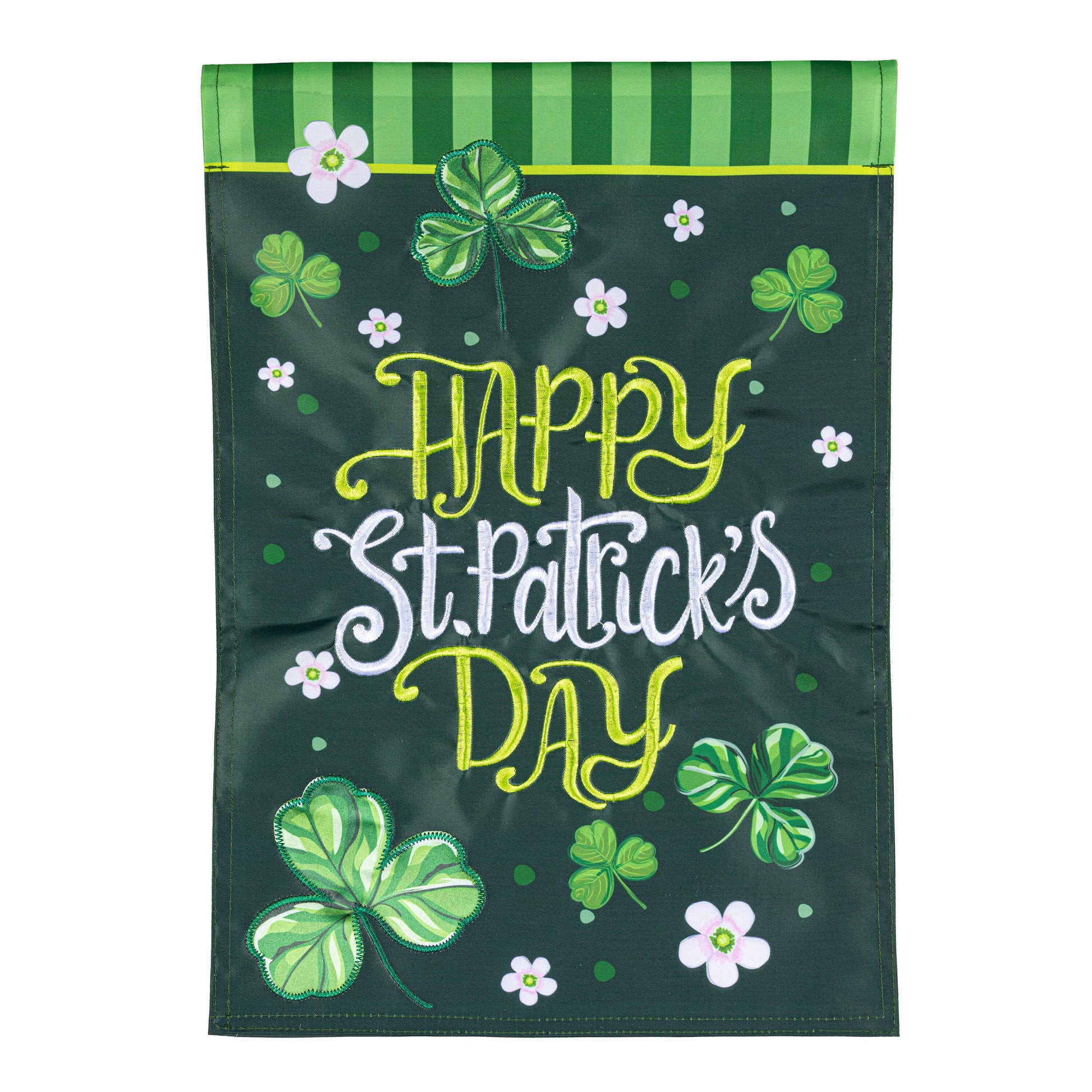 Shamrocks applique garden flag with Happy St Patrick's Day text on dark green background on Tampa Home & Garden Store