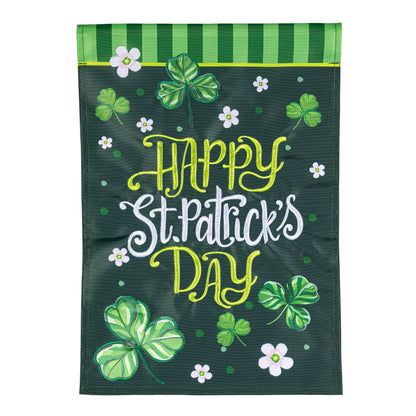 Shamrocks applique garden flag with Happy St Patrick's Day text on dark green background on Tampa Home & Garden Store